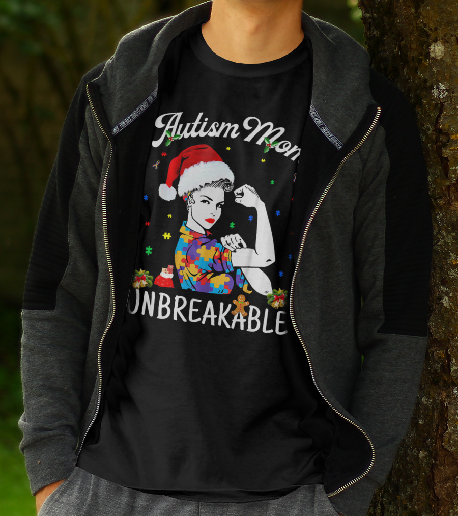 Autism Mom Unbreakable Santa Christmas Pride Puzzle Pieces T-Shirt