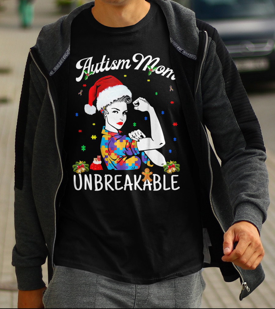 Autism Mom Unbreakable Santa Christmas Pride Puzzle Pieces T-Shirt