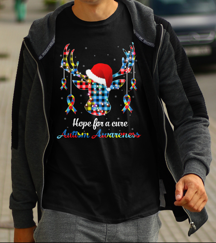 Hope For A Cure Autism Awareness Reindeer Plaid Santa Hat Ribbons T-Shirt
