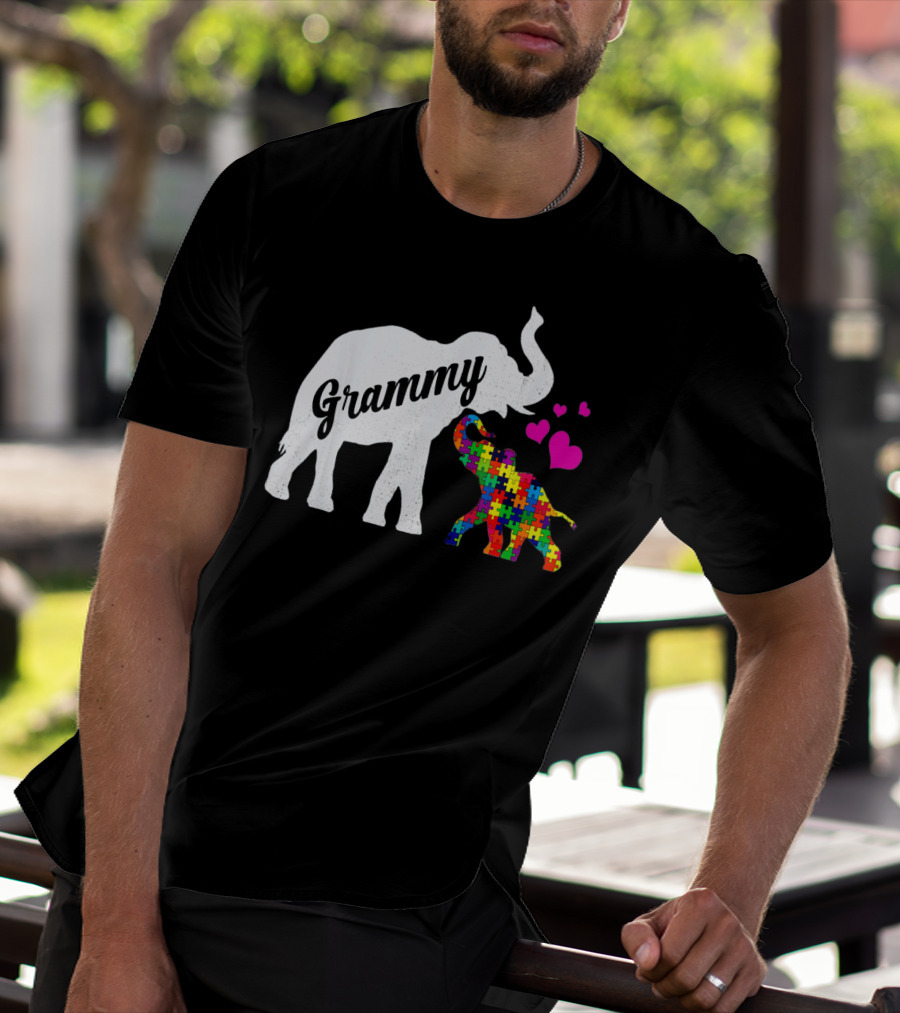 Grammy Elephant With Colorful Puzzle Piece Baby And Hearts For Autism Awareness T-Shirt