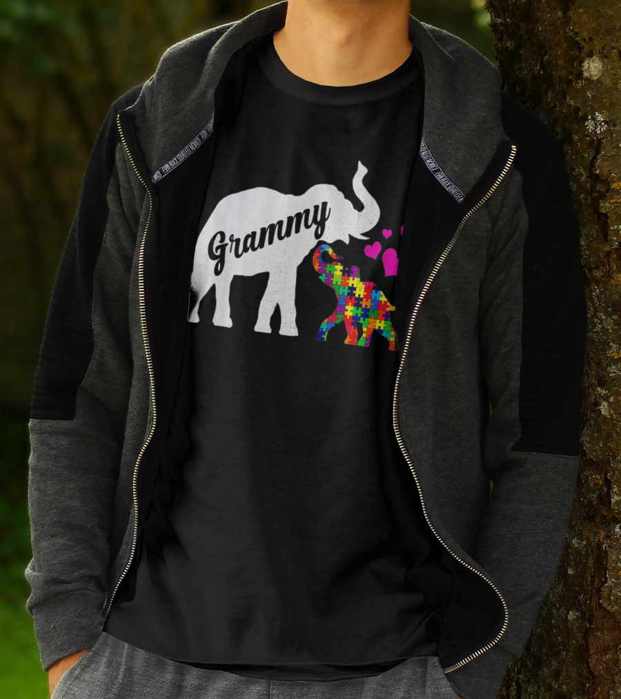 Grammy Elephant With Colorful Puzzle Piece Baby And Hearts For Autism Awareness T-Shirt