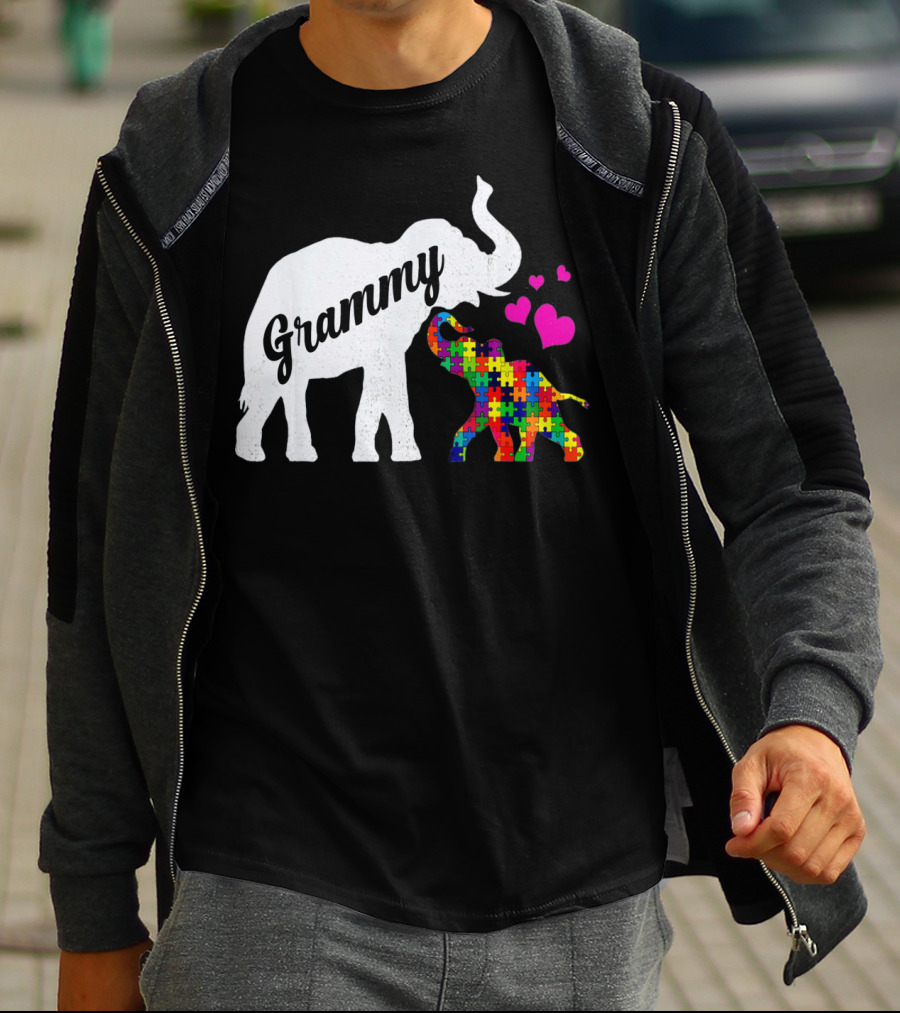 Grammy Elephant With Colorful Puzzle Piece Baby And Hearts For Autism Awareness T-Shirt