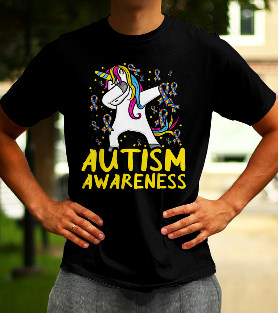 Dabbing Unicorn Puzzle Ribbon Autism Awareness T-Shirt