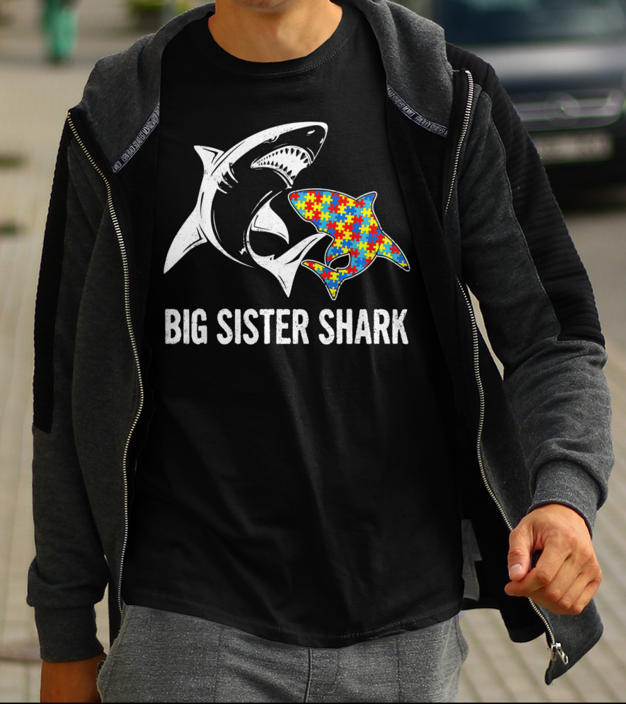 Big Sister Shark Autism Puzzle Piece Awareness T-Shirt