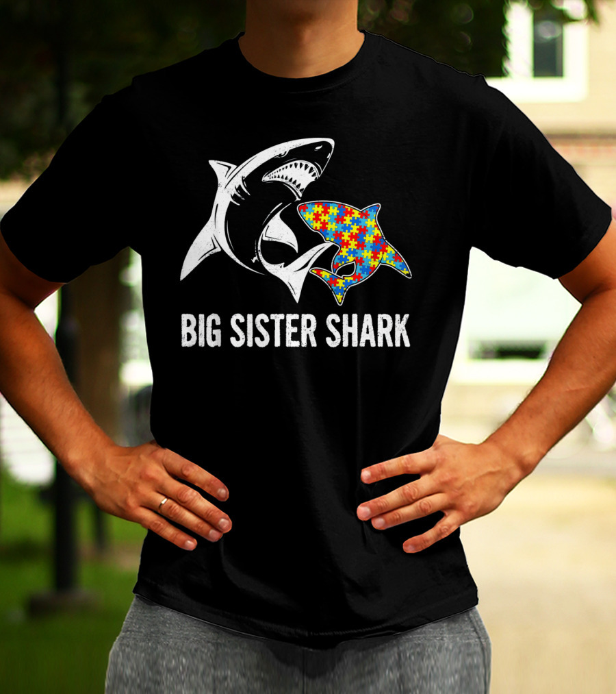 Big Sister Shark Autism Puzzle Piece Awareness T-Shirt