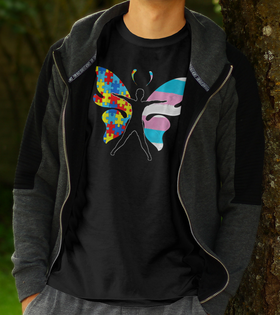 Autism Awareness Puzzle Butterfly With Transgender Flag Wings T-Shirt