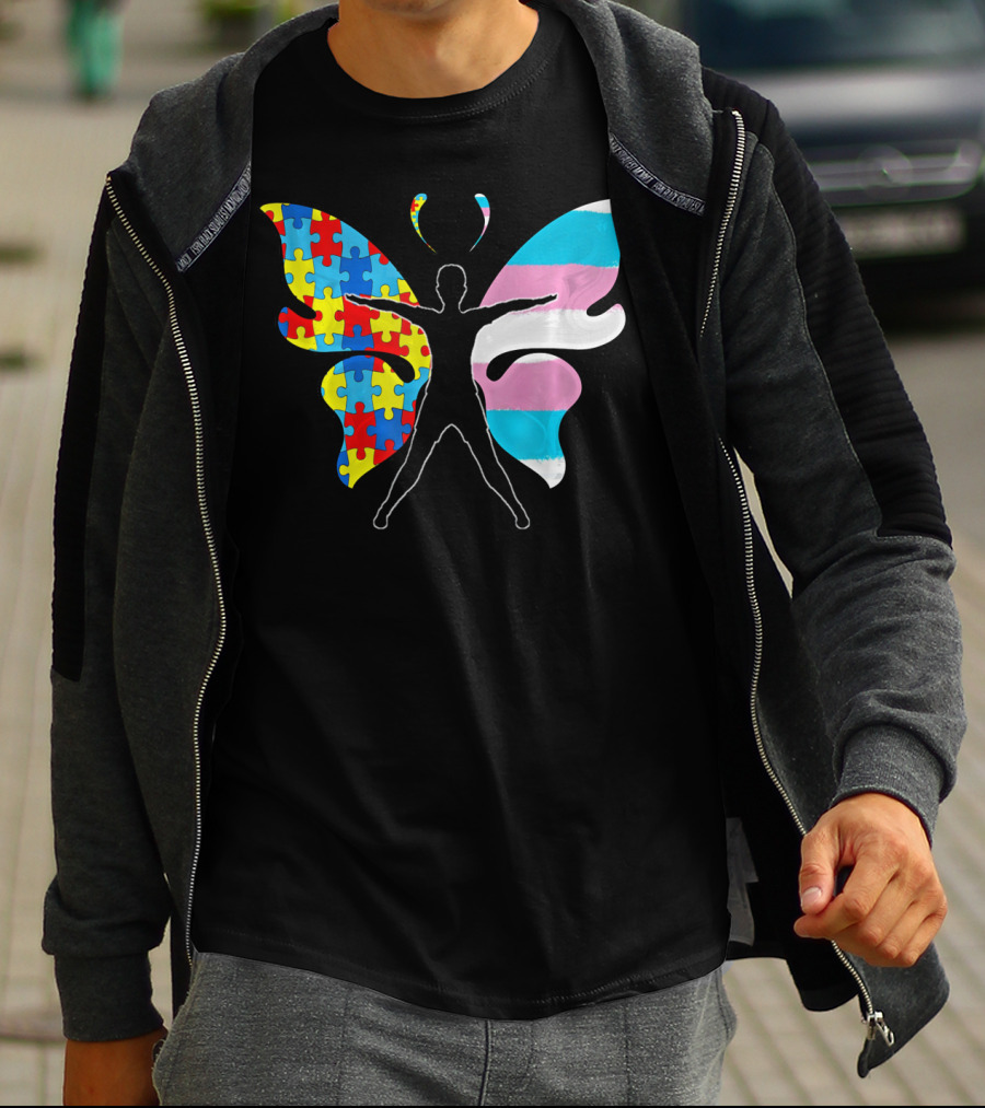 Autism Awareness Puzzle Butterfly With Transgender Flag Wings T-Shirt