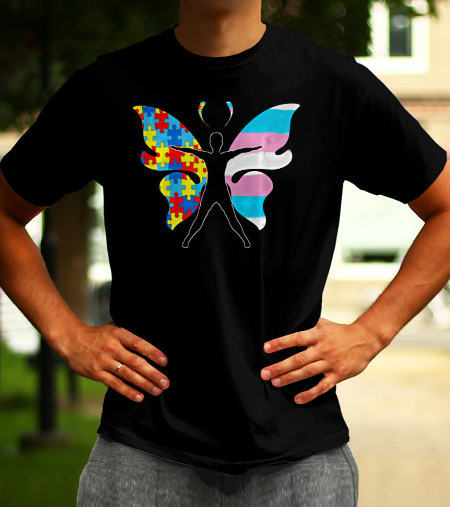 Autism Awareness Puzzle Butterfly With Transgender Flag Wings T-Shirt