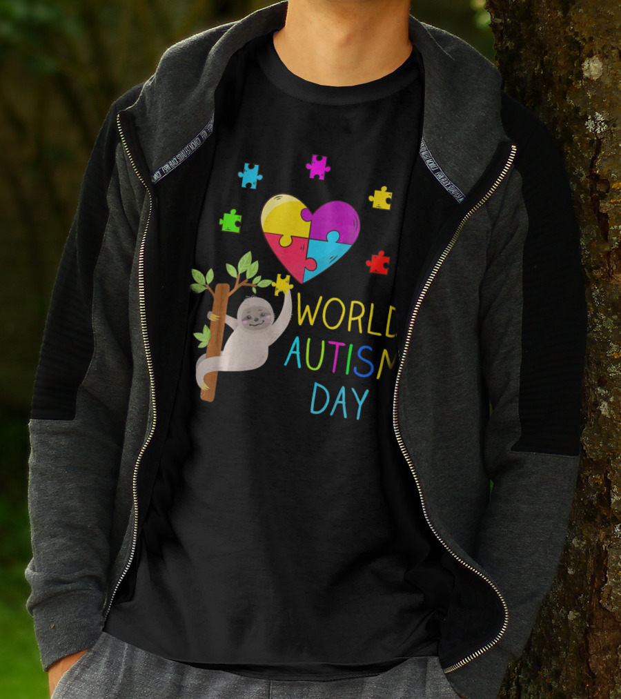 World Autism Day Sloth Heart Puzzle Pieces T-Shirt