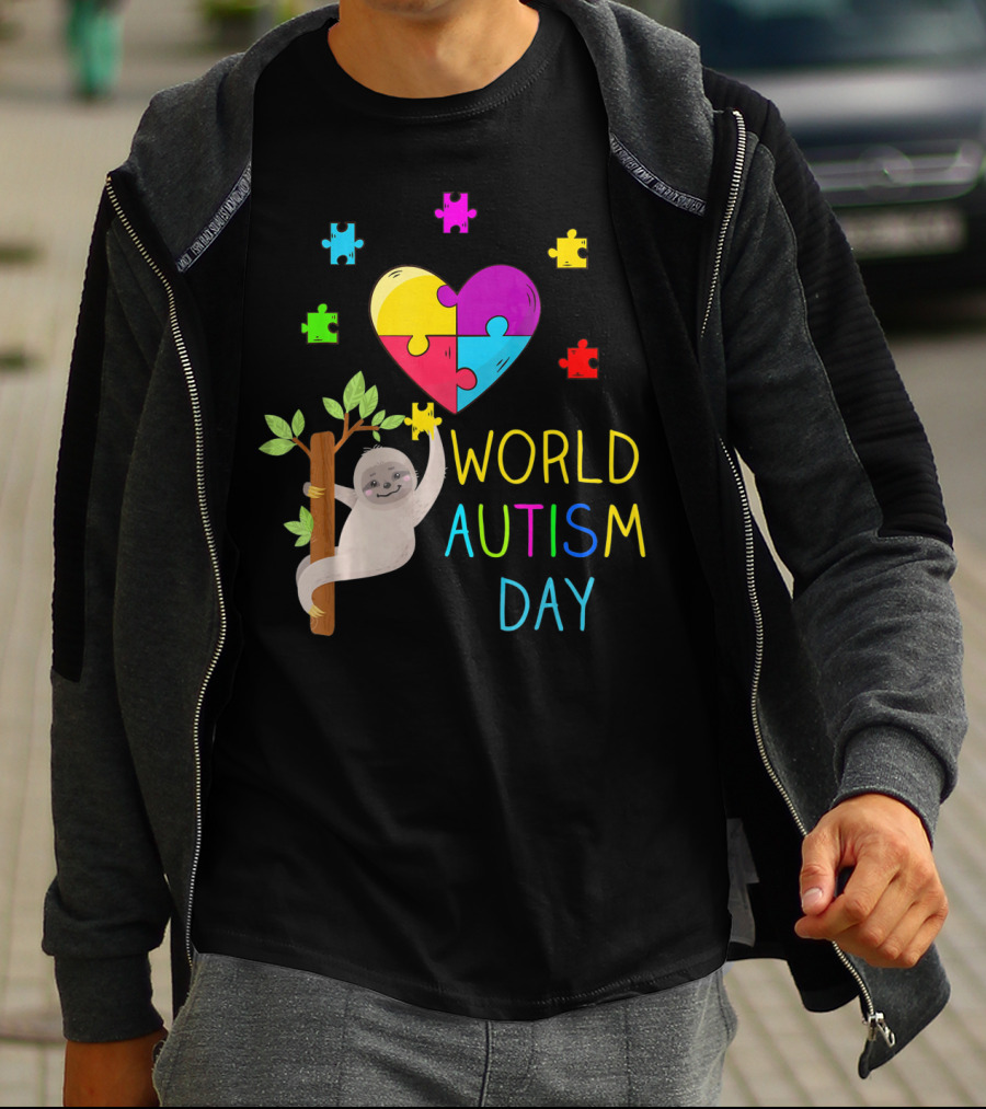 World Autism Day Sloth Heart Puzzle Pieces T-Shirt