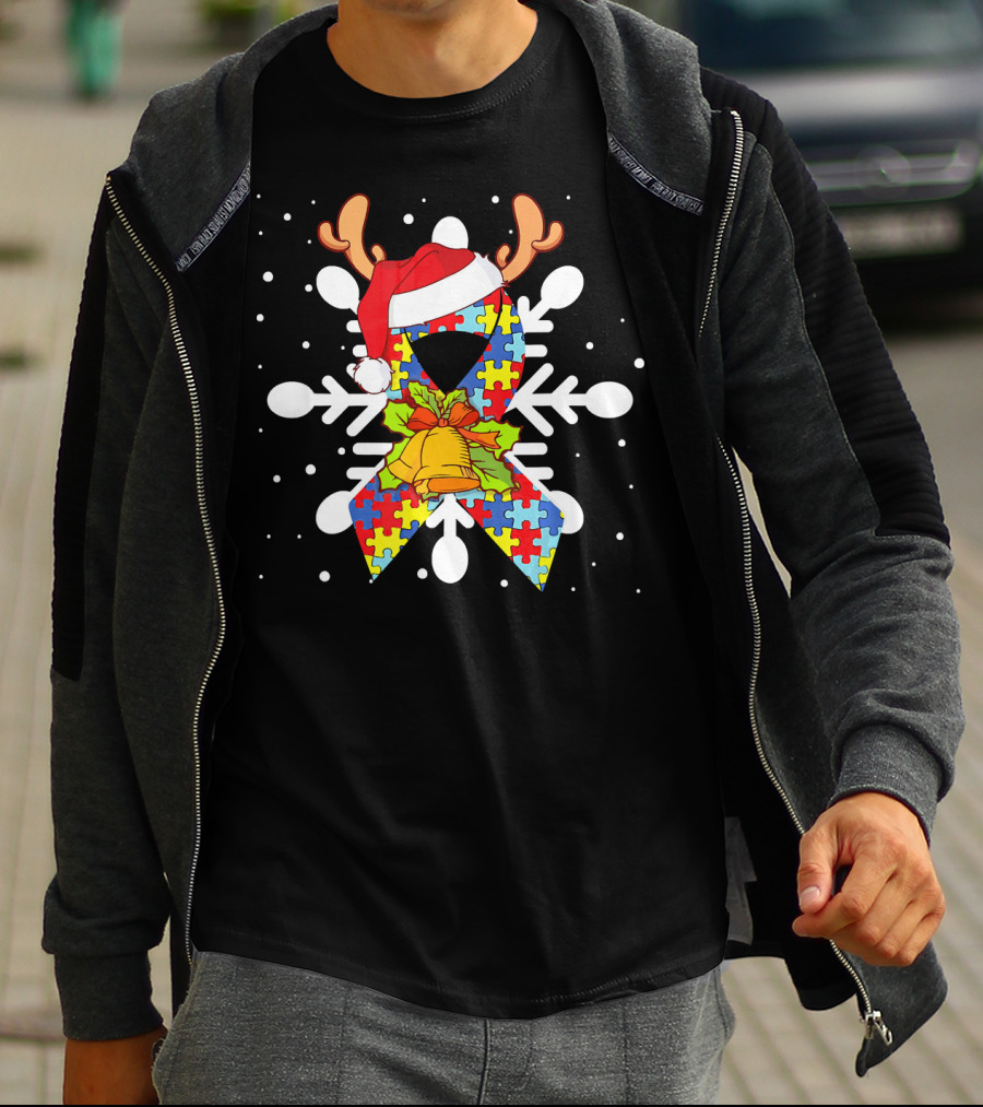 Snowflake Puzzle Ribbon With Santa Hat And Autism Awareness T-Shirt