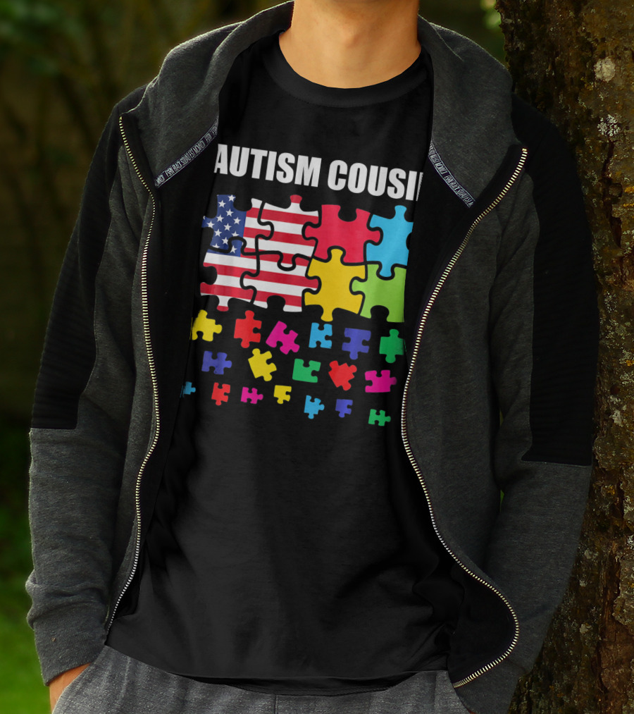 Autism Cousin Puzzle Pieces USA Flag Autism Awareness T-Shirt