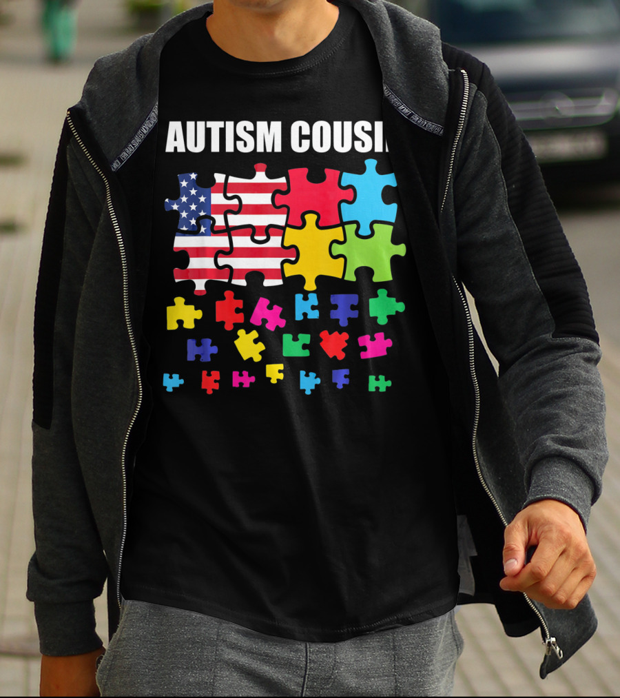 Autism Cousin Puzzle Pieces USA Flag Autism Awareness T-Shirt