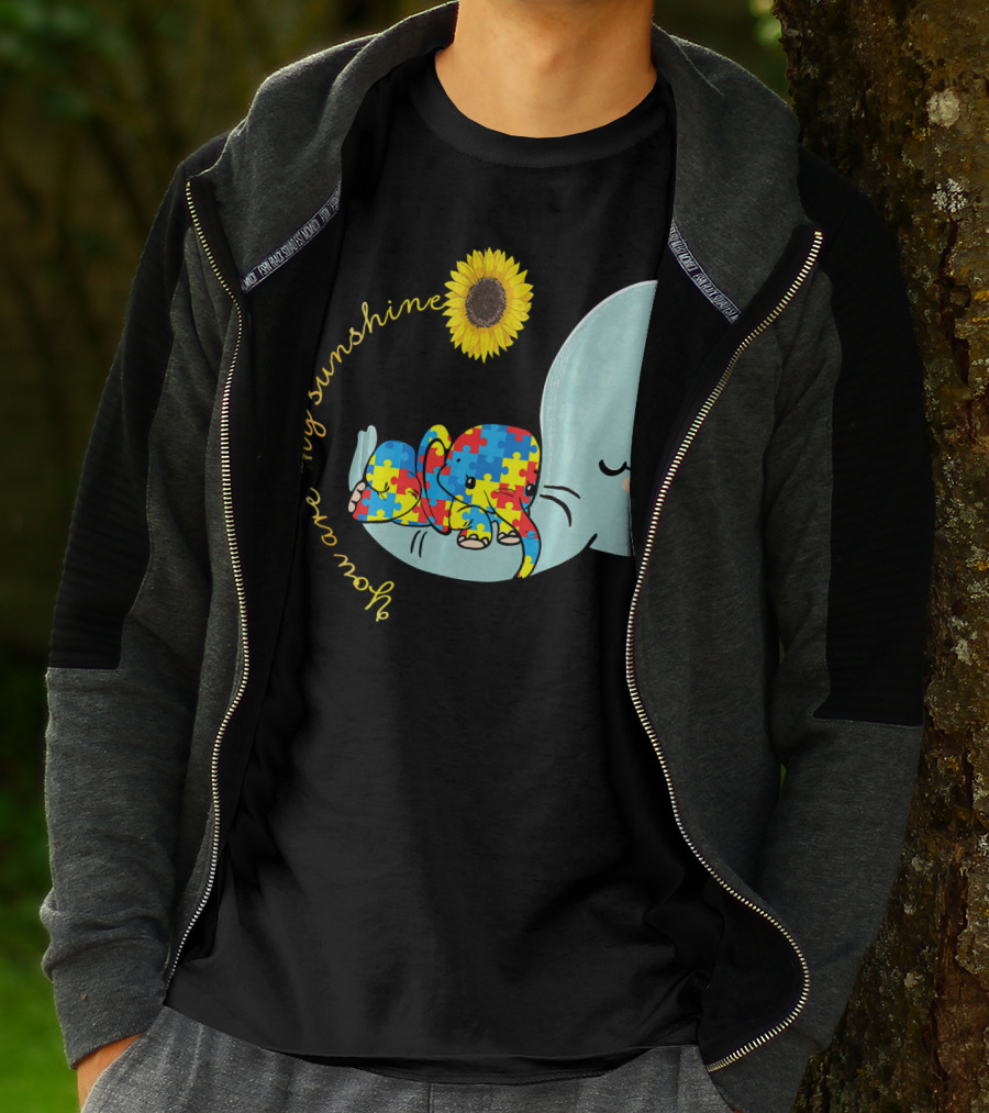You Are My Sunshine Autism Awareness Elephant Puzzle Sunflower T-Shirt