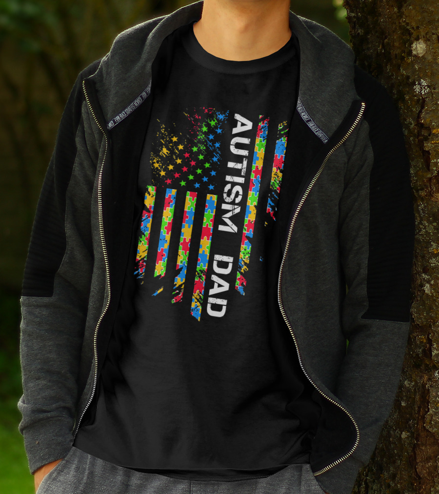 Autism Dad Puzzle Piece Flag USA Awareness T-Shirt