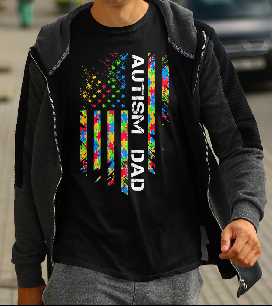 Autism Dad Puzzle Piece Flag USA Awareness T-Shirt