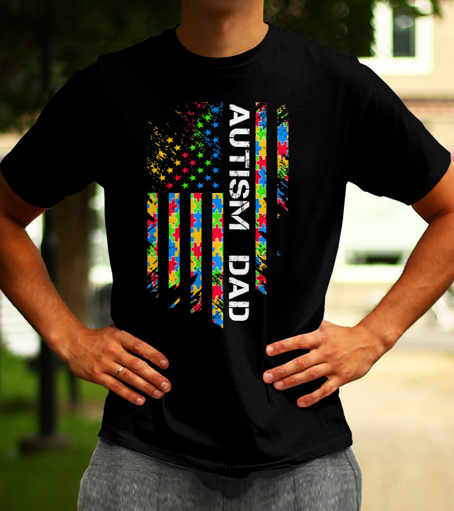 Autism Dad Puzzle Piece Flag USA Awareness T-Shirt