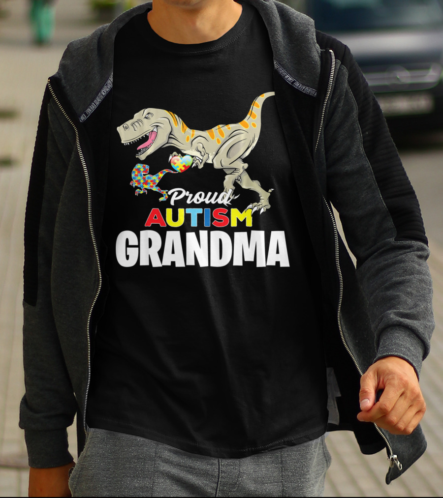 Proud Autism Grandma Dinosaur Puzzle Pattern Rex T-Shirt