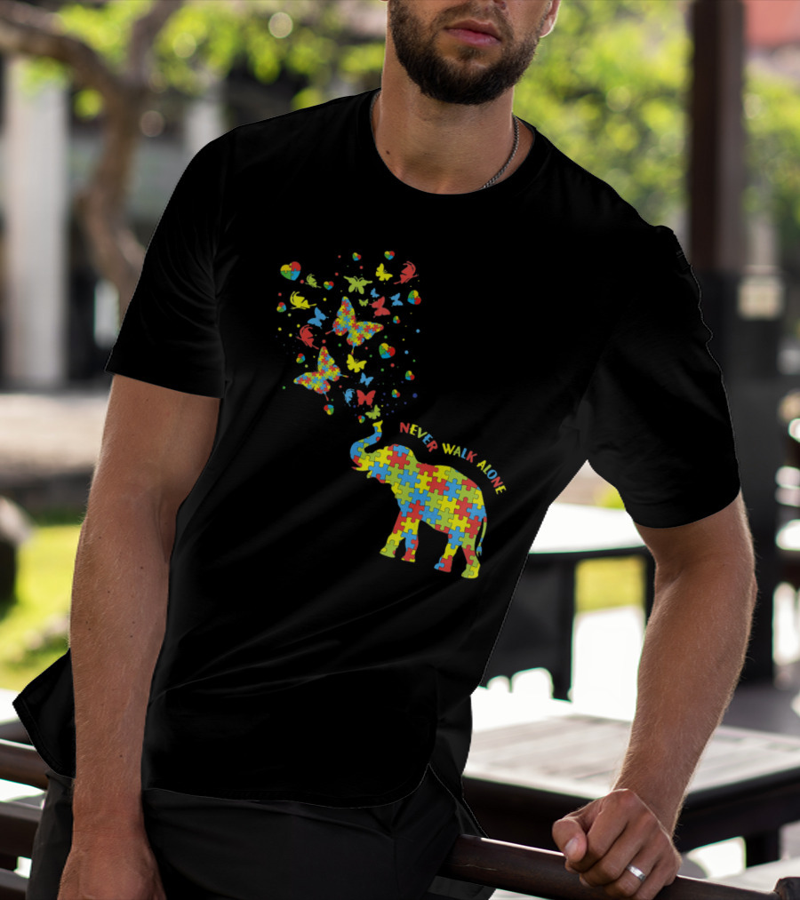 Elephants And Butterflies Autism Awareness Never Walk Alone T-Shirt