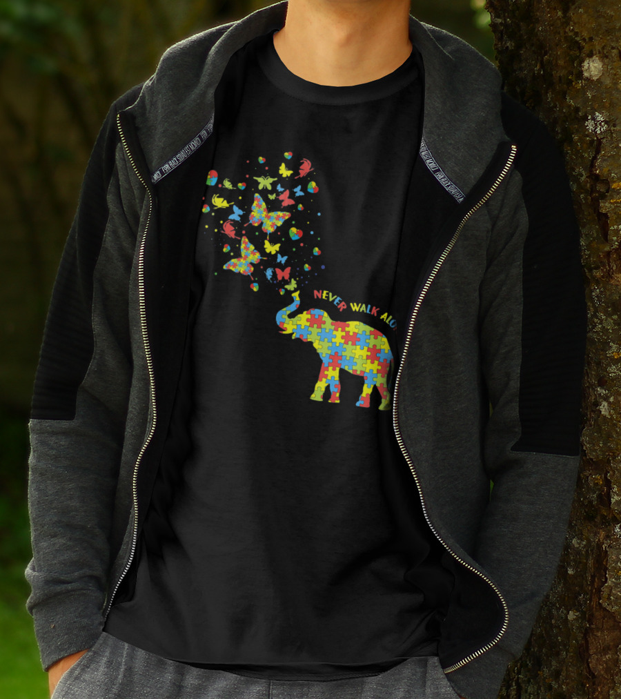 Elephants And Butterflies Autism Awareness Never Walk Alone T-Shirt