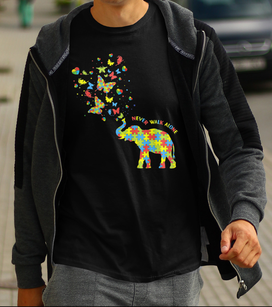 Elephants And Butterflies Autism Awareness Never Walk Alone T-Shirt