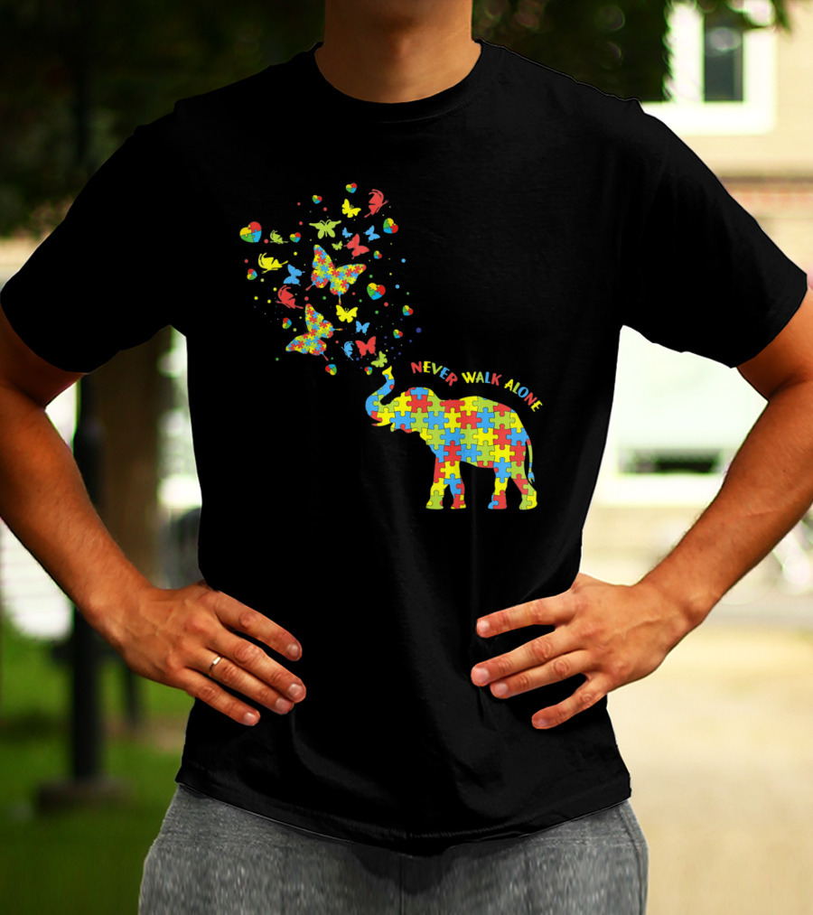Elephants And Butterflies Autism Awareness Never Walk Alone T-Shirt