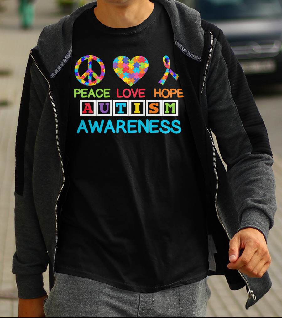 Autism Awareness Peace Love Hope Puzzle Ribbon Puzzle T-Shirt