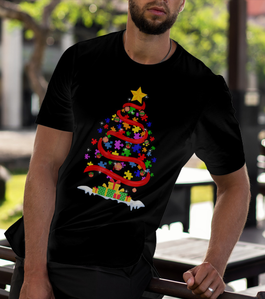 Xmas Puzzle Autism Christmas Tree With Star And Gifts T-Shirt