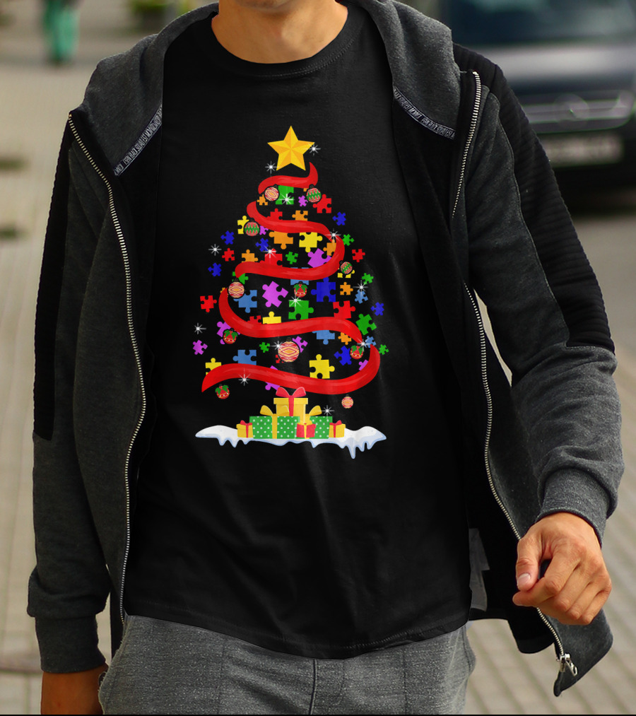 Xmas Puzzle Autism Christmas Tree With Star And Gifts T-Shirt