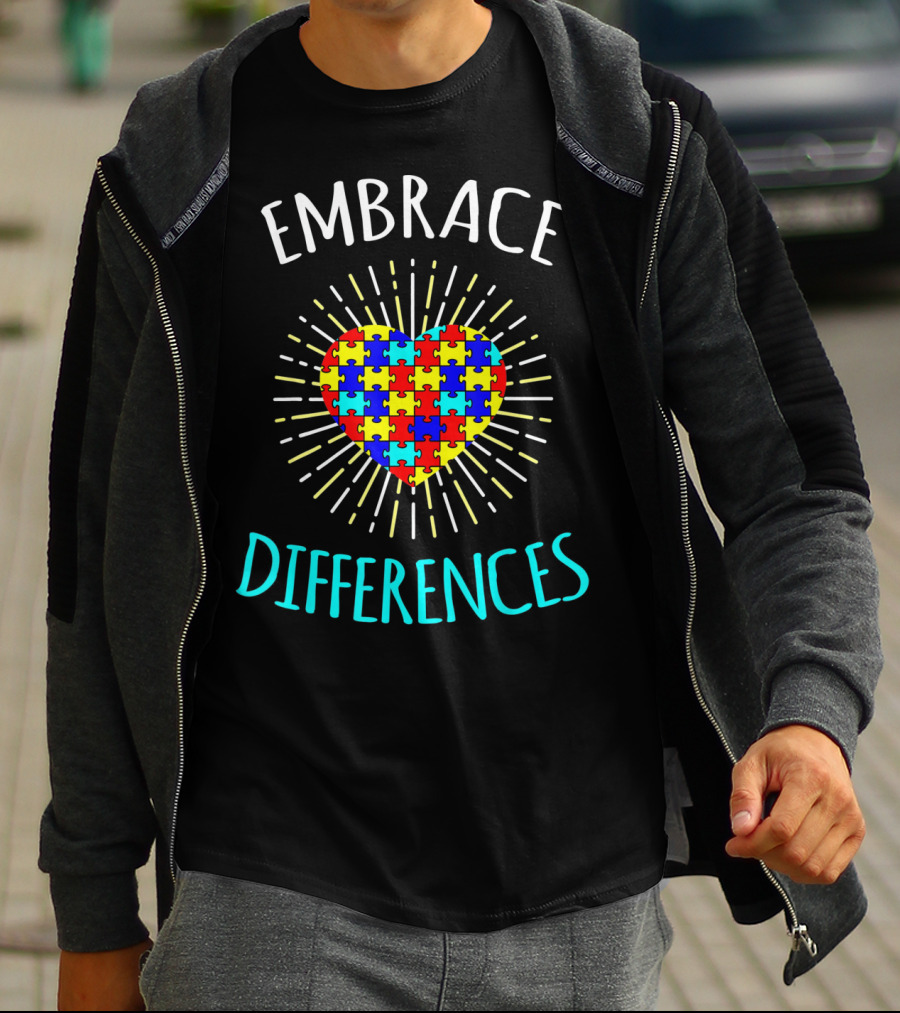 Embrace Differences Autism Awareness Puzzle Heart Rib T-Shirt