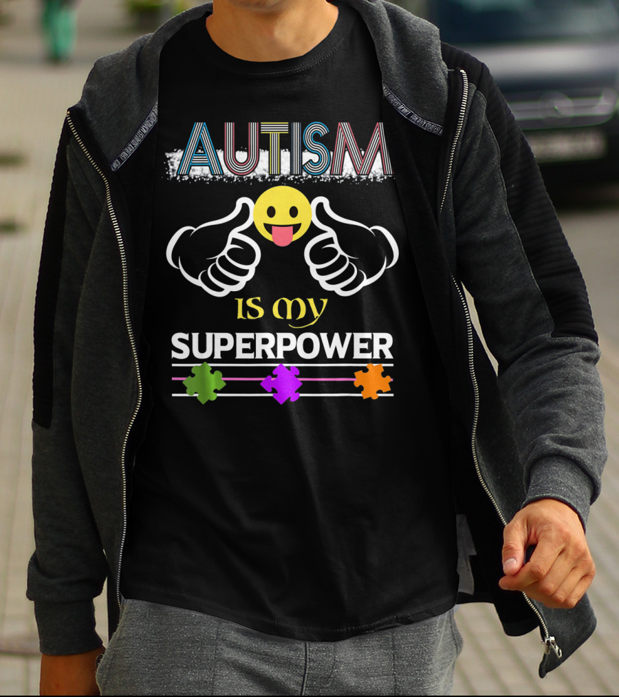 AUTISM Is My Superpower Thumbs Up Emoji Puzzle Pieces T-Shirt