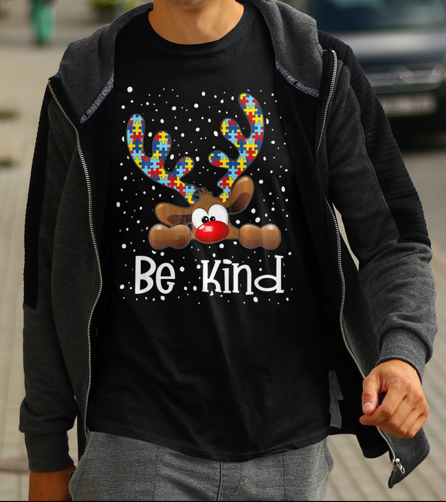 Be Kind Autism Awareness Reindeer With Puzzle Piece Antlers T-Shirt