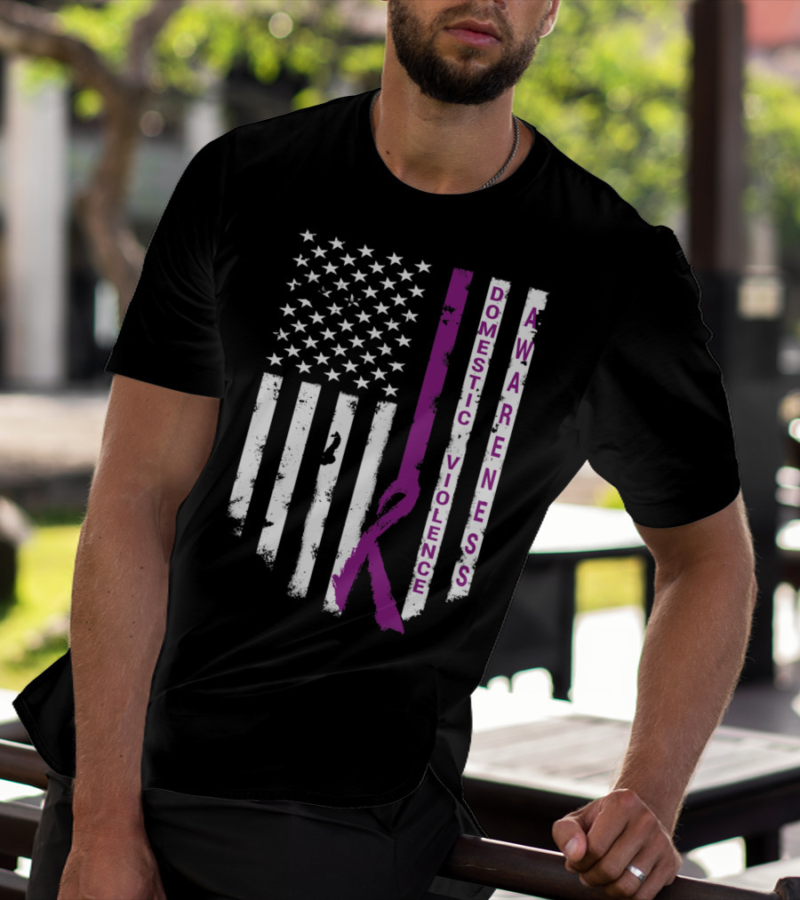 Domestic Violence Awareness Purple Ribbon American Flag T-Shirt