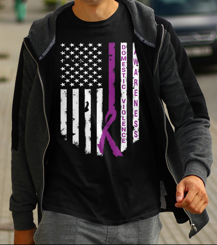 Domestic Violence Awareness Purple Ribbon American Flag T-Shirt