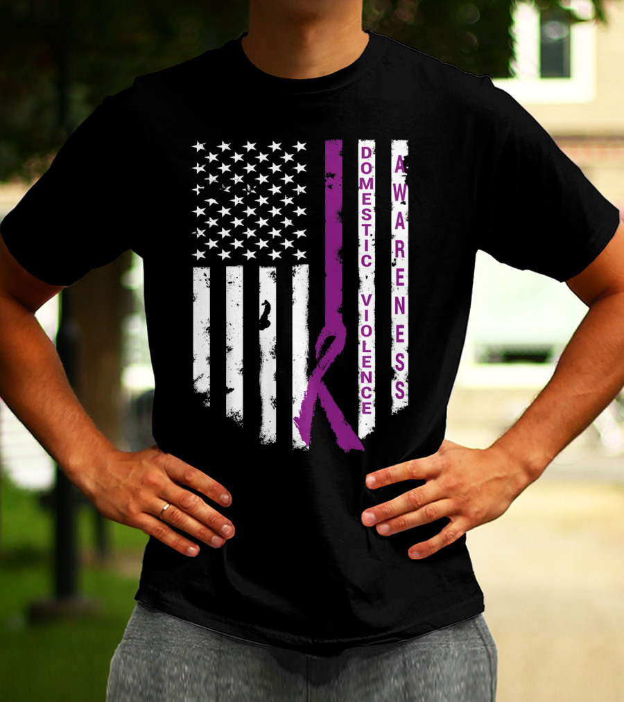 Domestic Violence Awareness Purple Ribbon American Flag T-Shirt