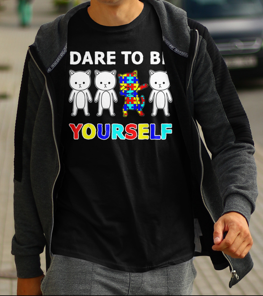 Dare To Be Yourself Cat Dabbing Autism Puzzle T-Shirt