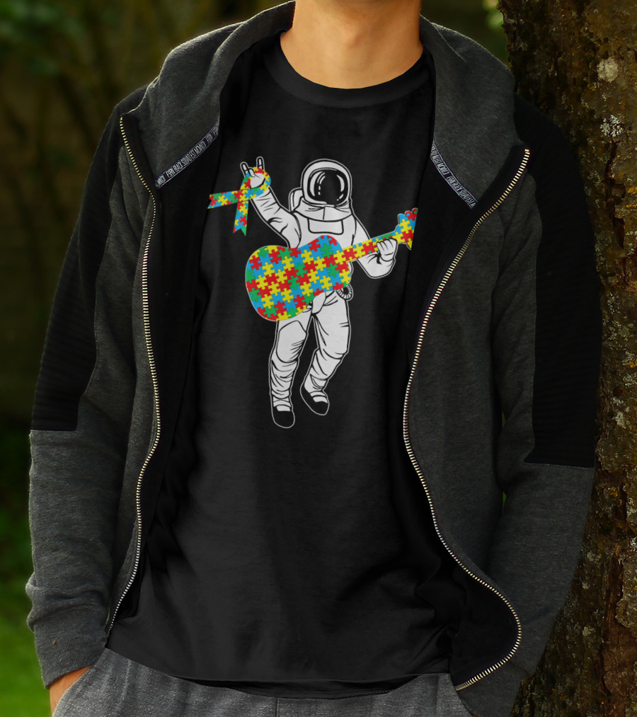 Astronaut Playing Guitar Autism Awareness Puzzle Ribbon Space T-Shirt