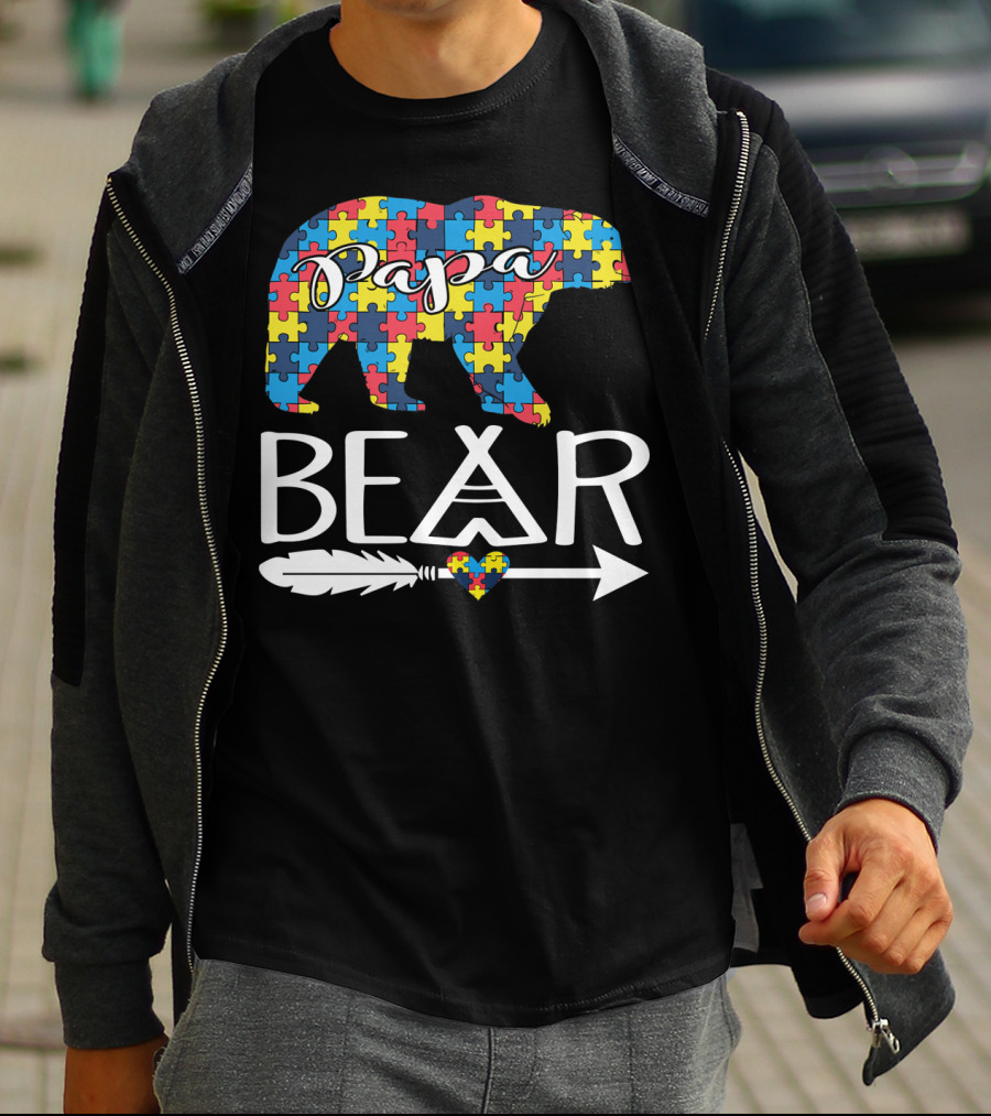 Papa Bear Puzzle Heart Autism Awareness T-Shirt