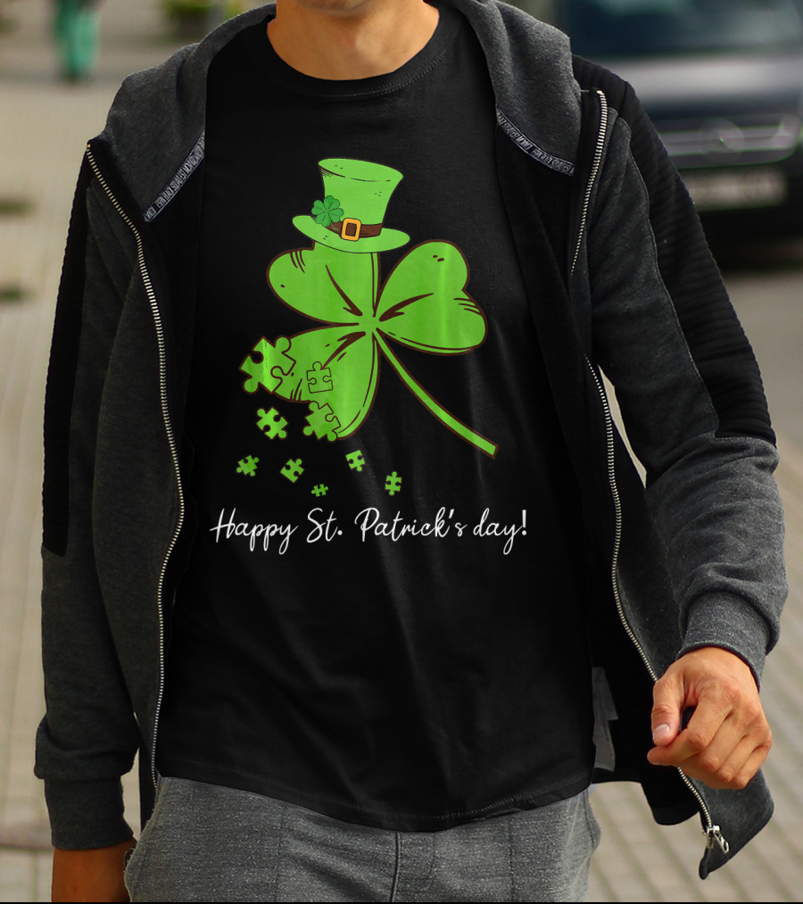 Happy St. Patrick's Day Puzzle Shamrock With Leprechaun Hat T-Shirt