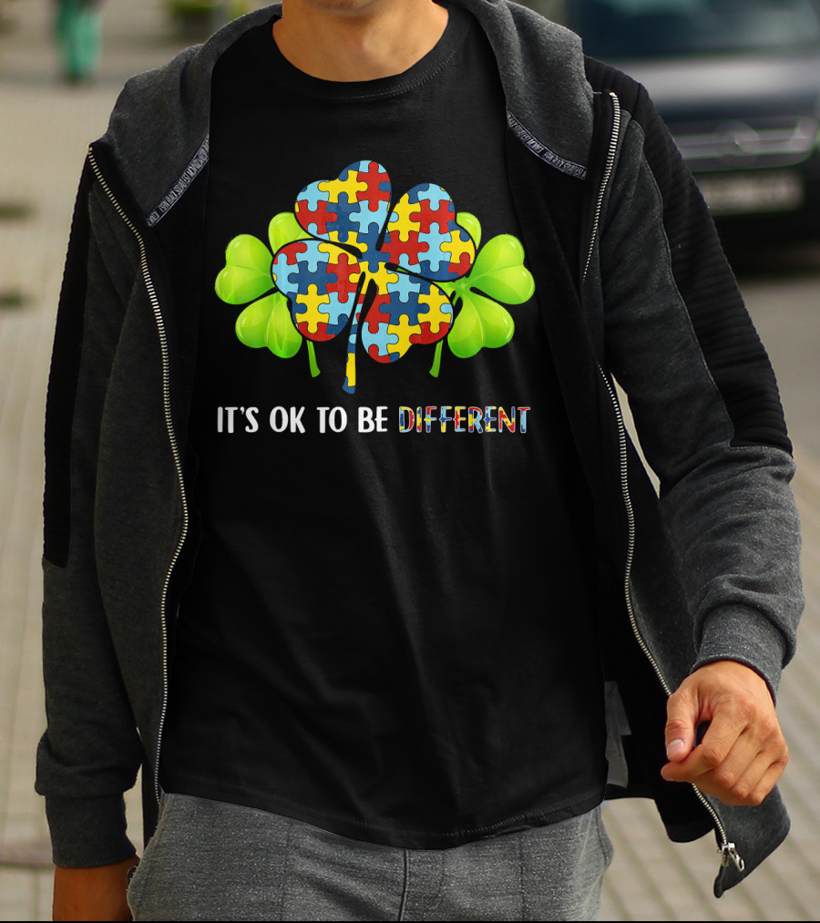 It's OK To Be Different Shamrock Autism Puzzle Piece T-Shirt