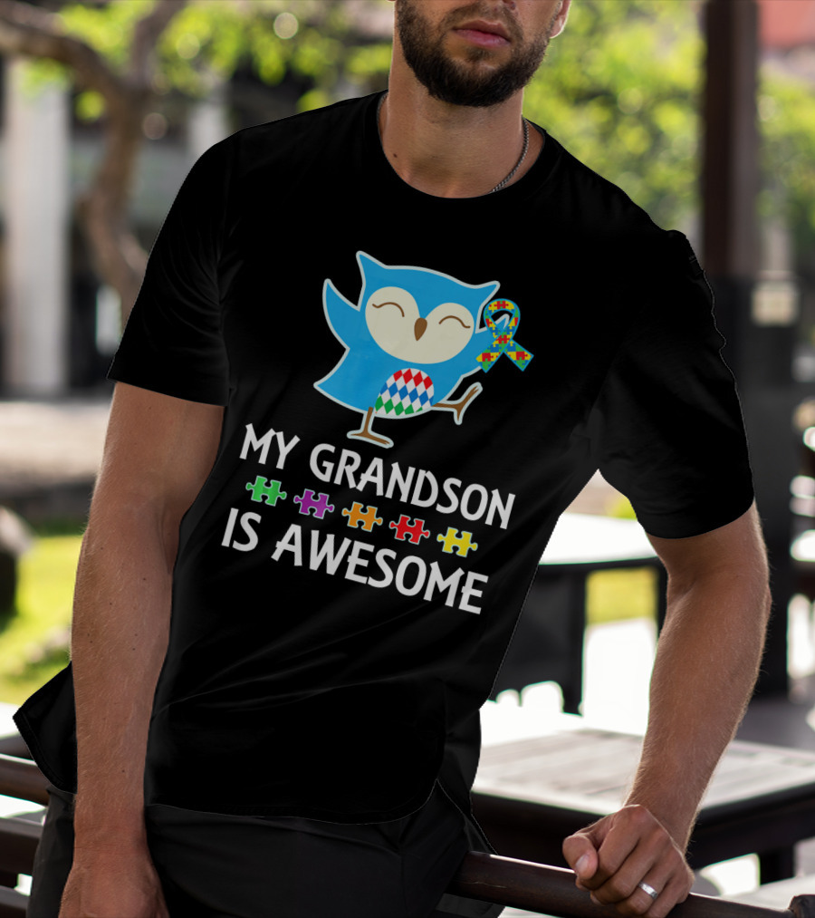 Autism Awareness My Grandson Is Awesome Owl Puzzle T-Shirt
