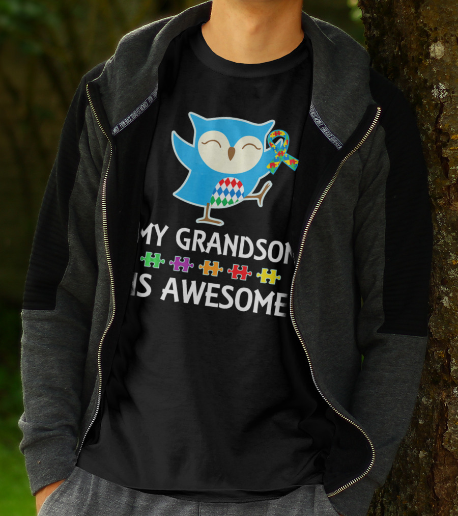Autism Awareness My Grandson Is Awesome Owl Puzzle T-Shirt
