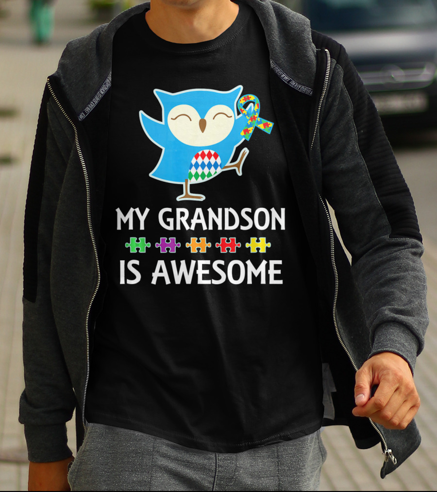 Autism Awareness My Grandson Is Awesome Owl Puzzle T-Shirt
