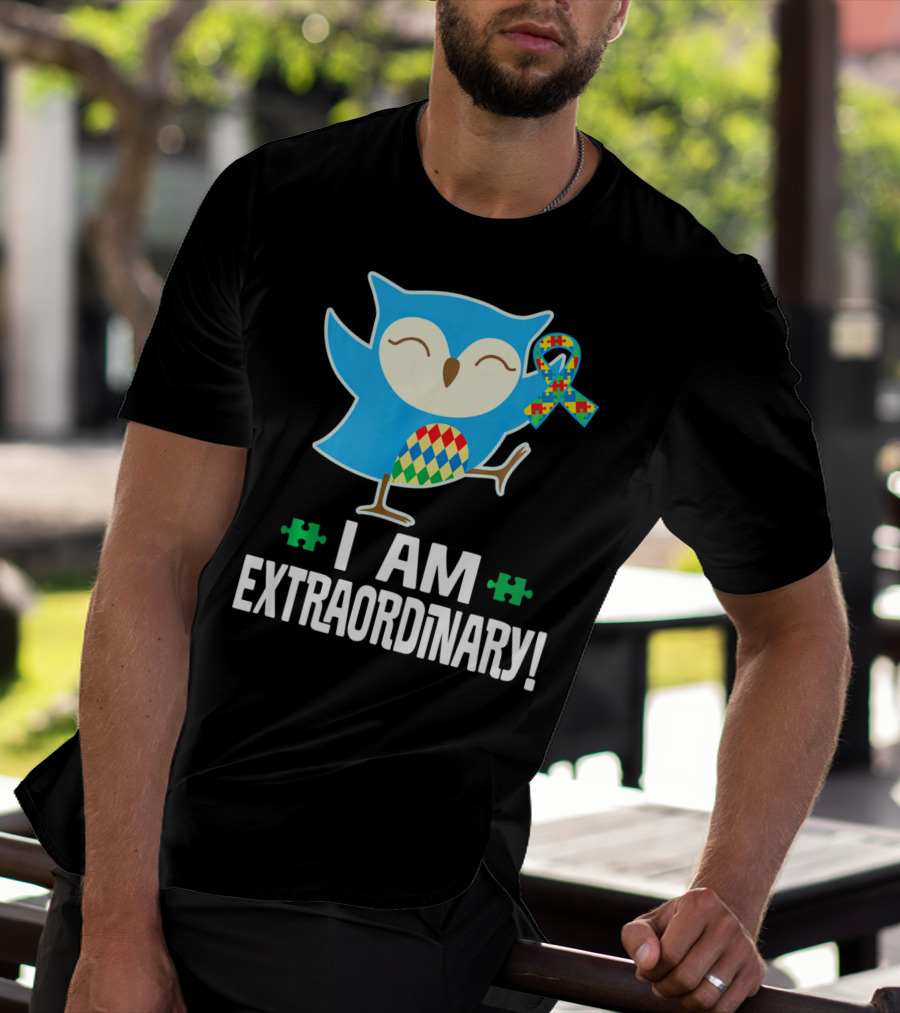 I Am Extraordinary Autism Awareness Autistic Spectrum Disor Puzzle Ribbon Owl T-Shirt