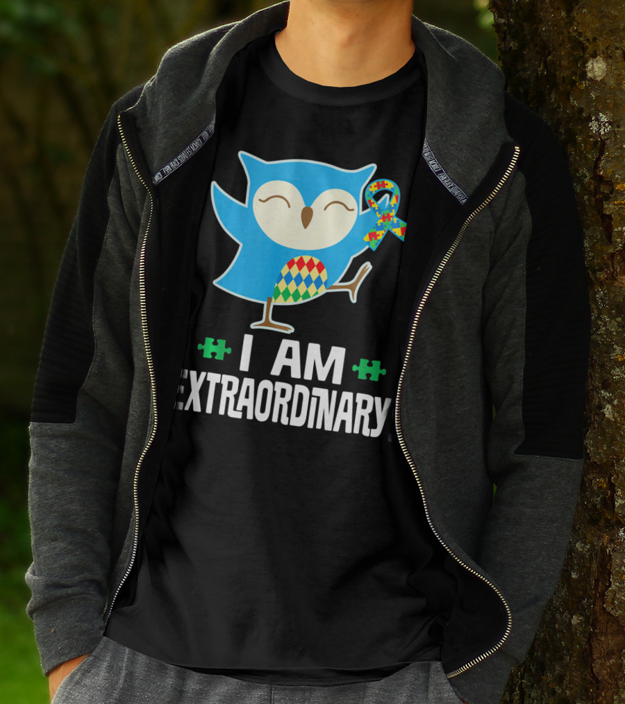 I Am Extraordinary Autism Awareness Autistic Spectrum Disor Puzzle Ribbon Owl T-Shirt