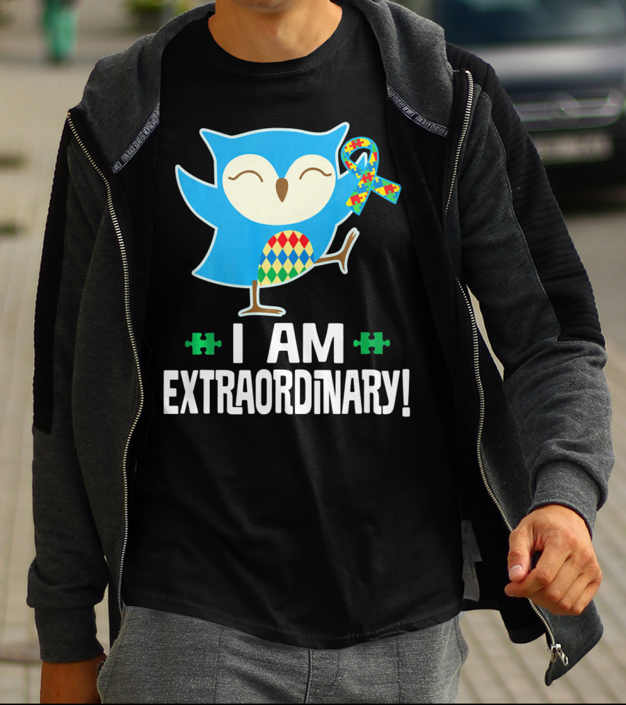 I Am Extraordinary Autism Awareness Autistic Spectrum Disor Puzzle Ribbon Owl T-Shirt