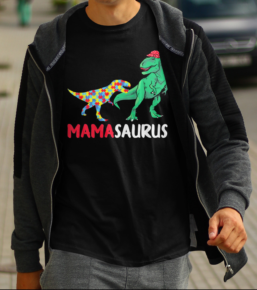 Mamasaurus Mama Dinosaur Puzzle Pattern Autism Awareness T-Shirt