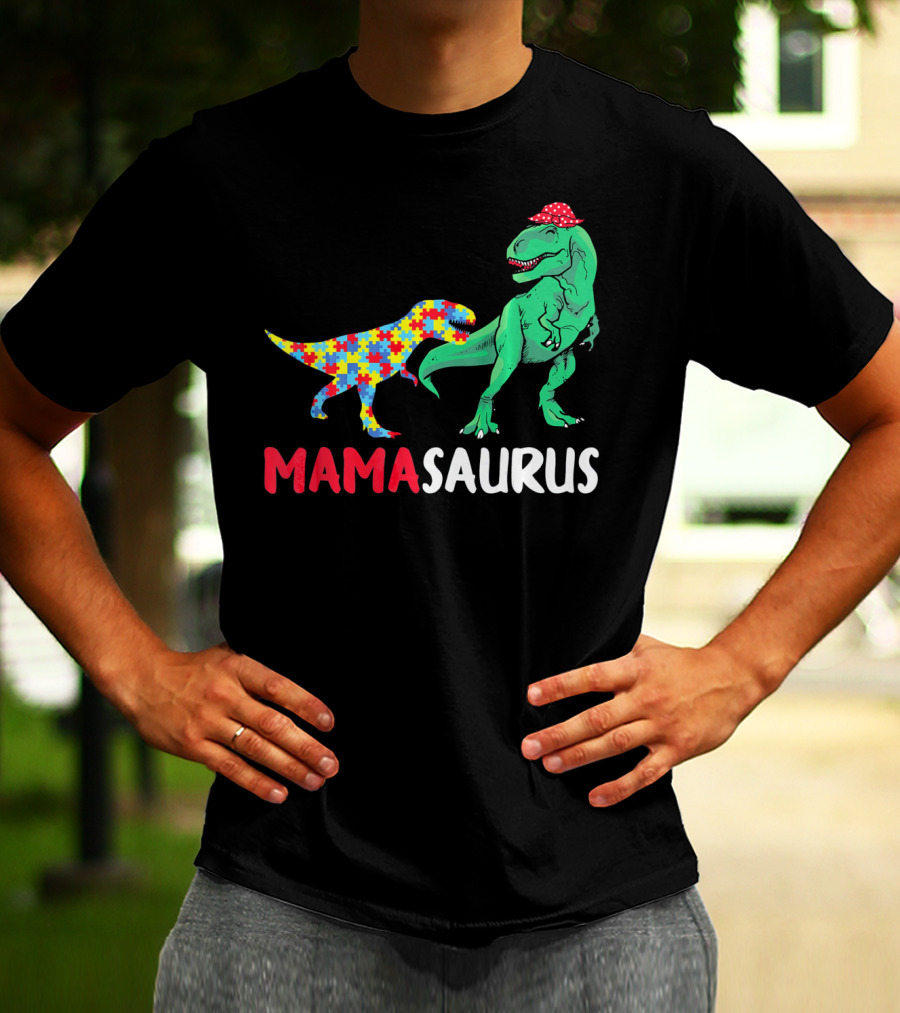 Mamasaurus Mama Dinosaur Puzzle Pattern Autism Awareness T-Shirt
