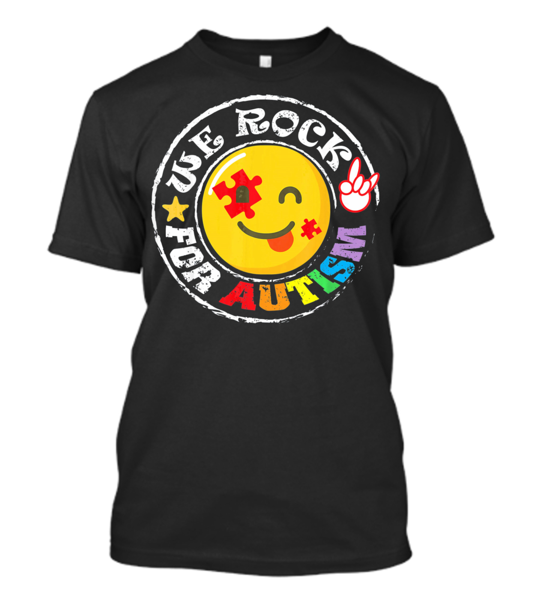 We Rock For Autism Puzzle Face Emoji With Hand Sign T-Shirt
