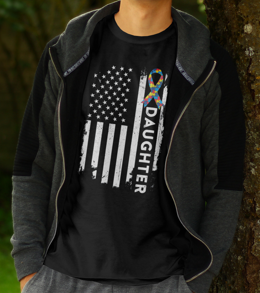 Daughter Autism Awareness American Flag Puzzle T-Shirt